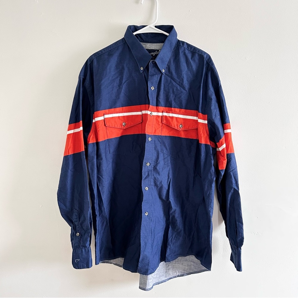 Vintage Wrangler Western Shirts Men's Blue and Orange Casual Button-Down Shirt